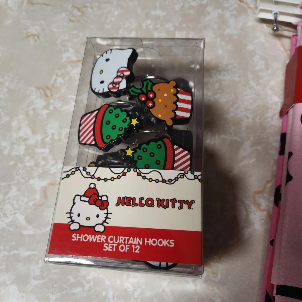 Hello Kitty Christmas Bathroom Shower Set Curtain Hooks and 2pc Towel Set New